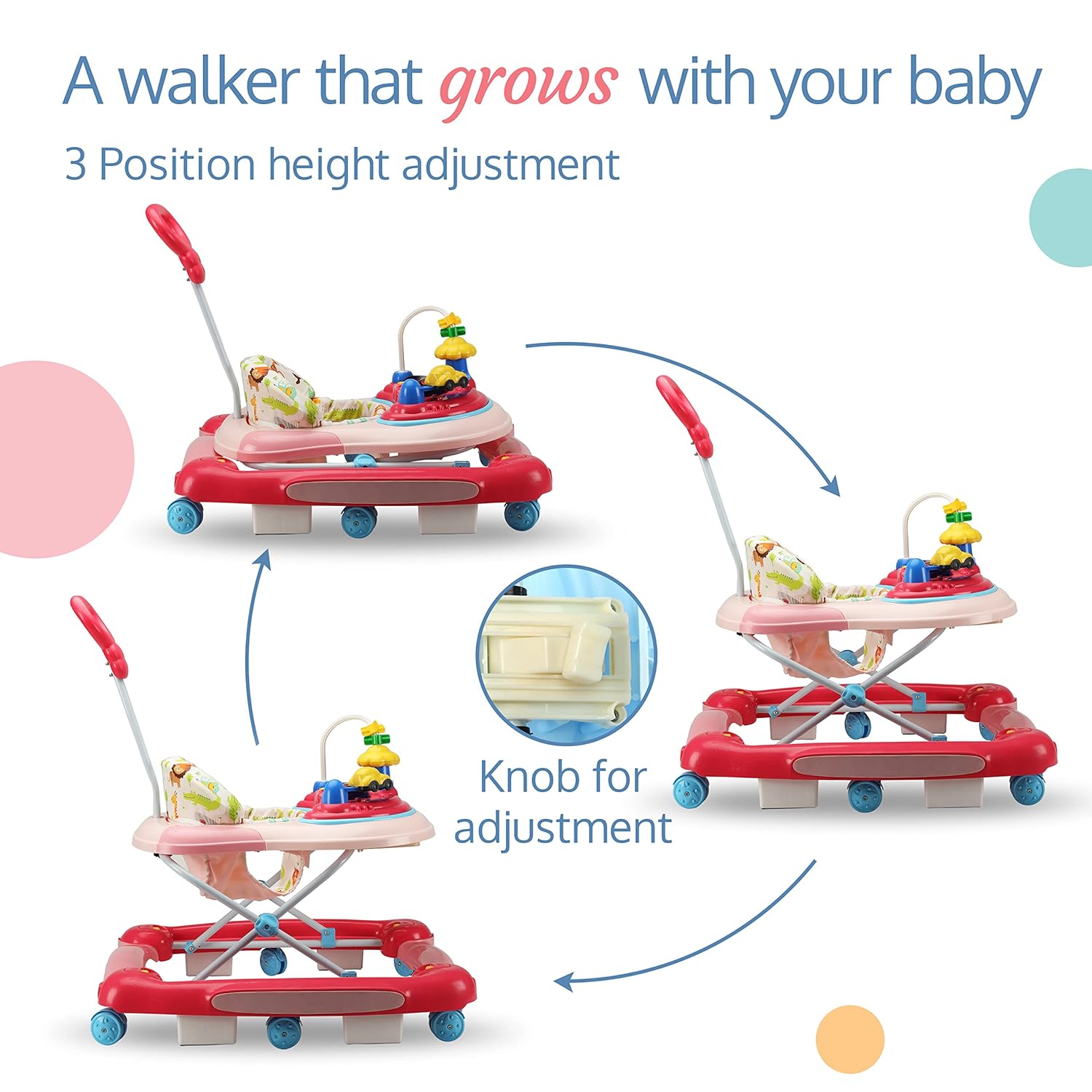 Front-facing view of a yellow and green baby walker with a patterned seat, a green parent handle, and multi-colored activity toys on its tray. www.usmile.toys